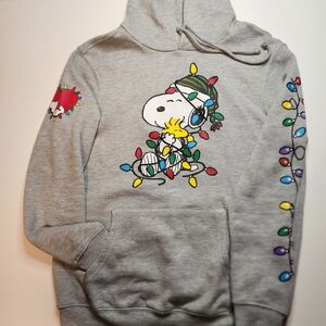 Peanuts "Snoopy And Woodstock"  Decorating Antics.  Grey Holiday Hoodie